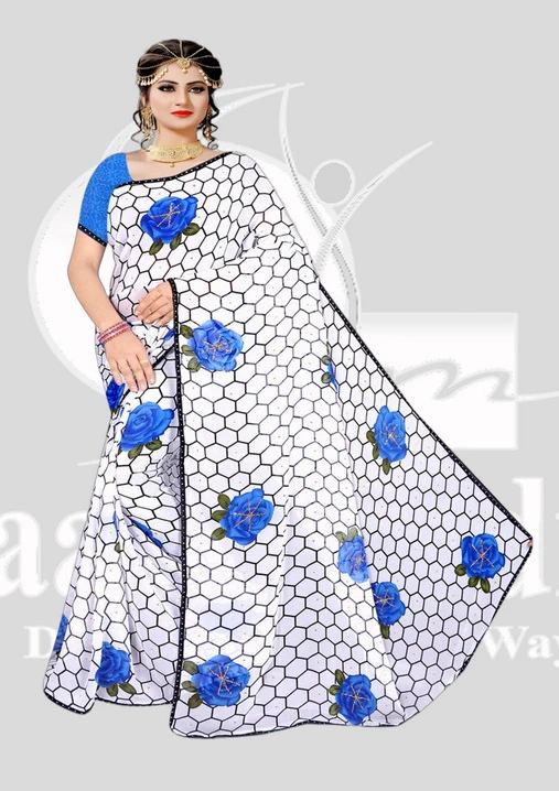 Wetless Printed Saree with Diamond - Simor - Royal Blue Mix